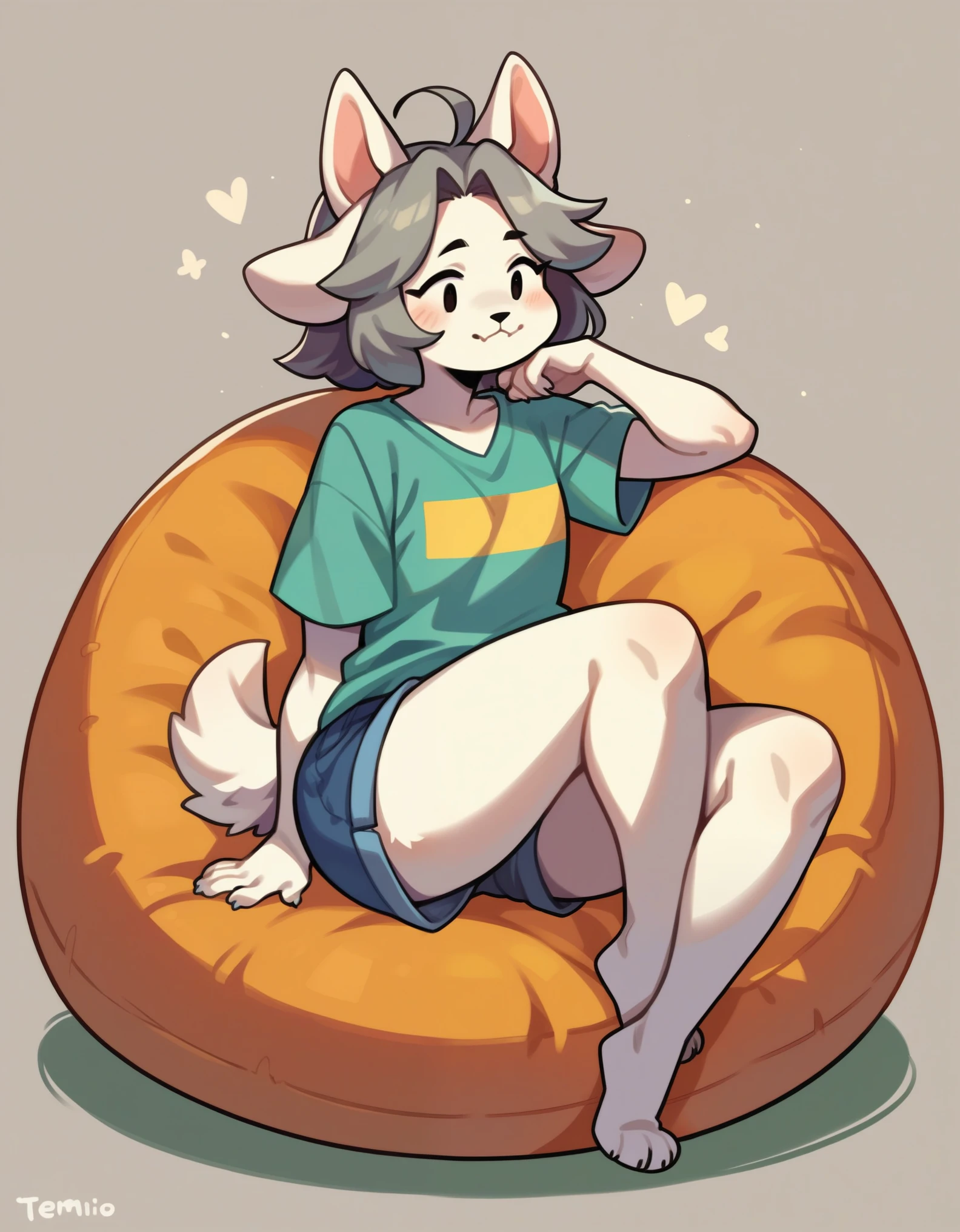 score_9,score_8_up,score_7_up, source_anime, temmie from undertale, Anthro girl, short silver grey hair, white furry body, canine girl, floppy white ears, wearing shirt, shorts, barefoot, feet paws four toes, sitting on a beanbag chair, playful pose