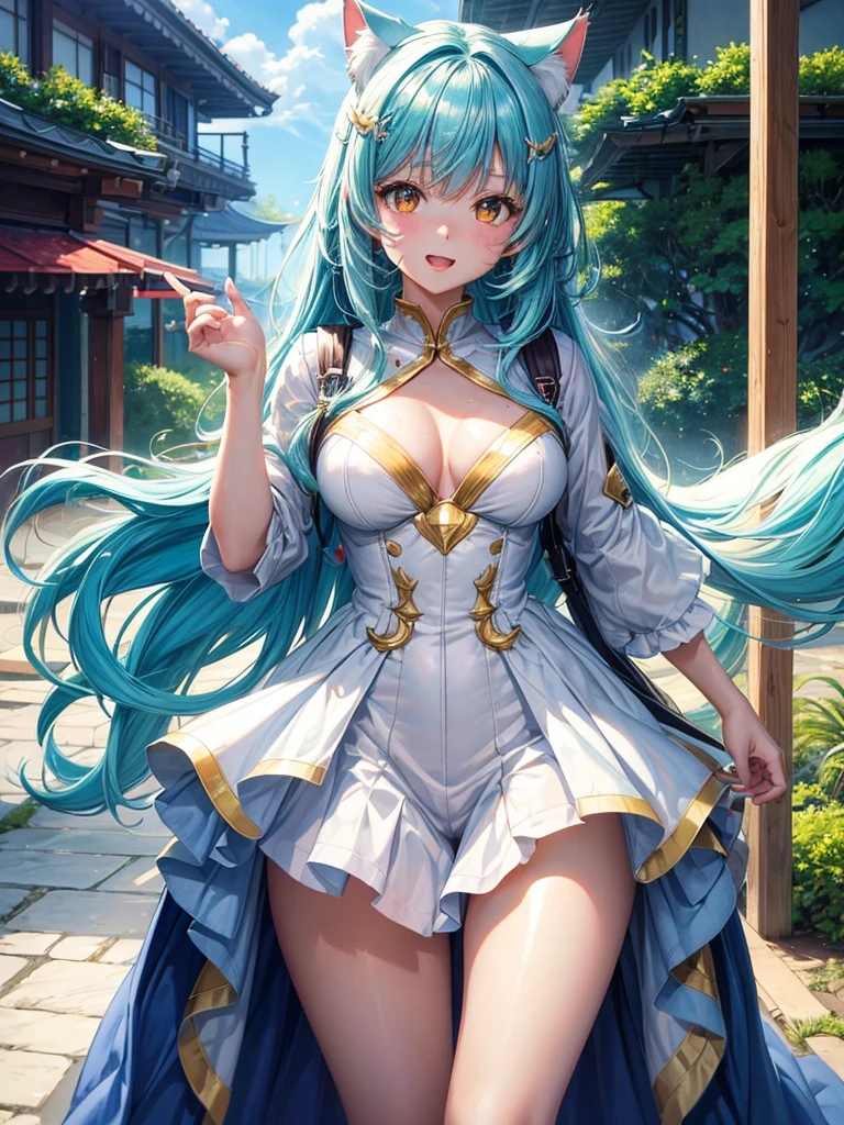 (highest quality)), ((masterpiece)), (family friendly), Perfect Face,Shiny skin,Beautiful ,Shiny skin、Kyoto Animation style painting、Short Bob、Cat ear、Double teeth、Sky blue hair color、White tips of hair、Red hairpin on bangs、Golden Eyes、Sunburned skin、night、
、White and light green pilot suit