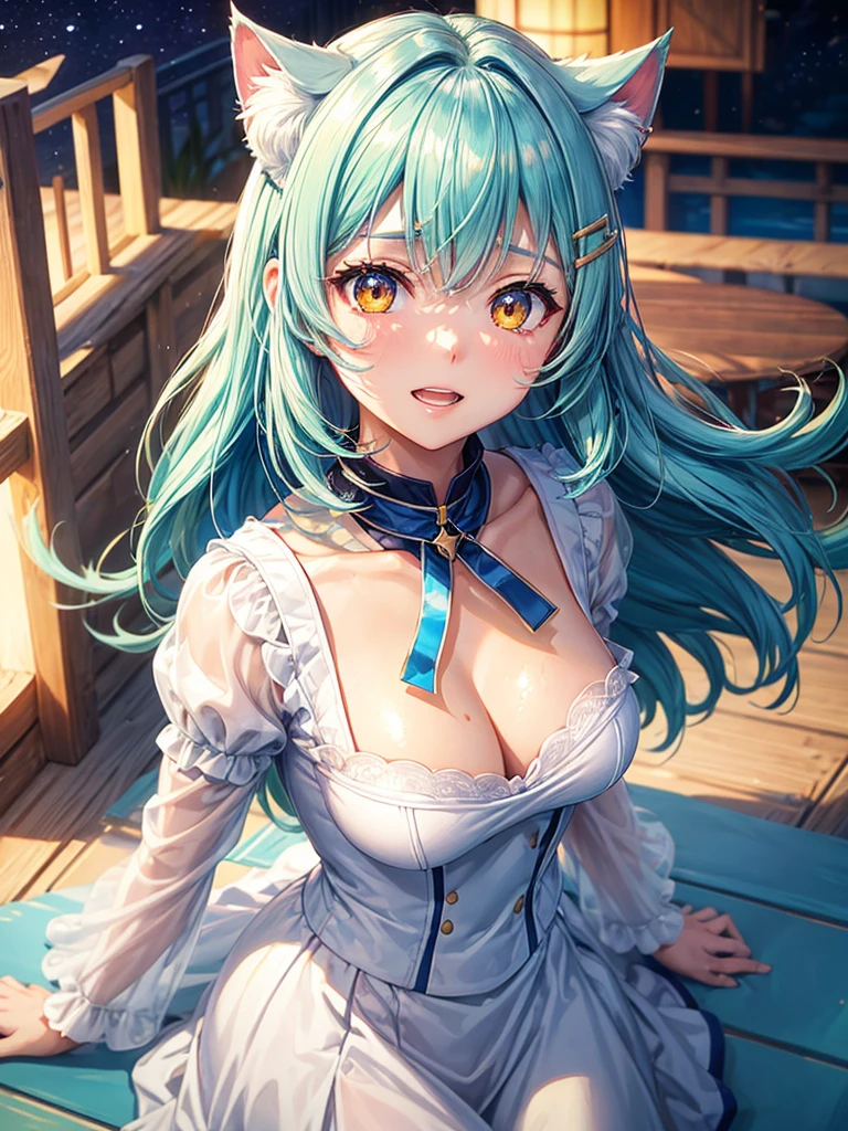 (highest quality)), ((masterpiece)), (family friendly), Perfect Face,Shiny skin,Beautiful breasts,Shiny skin、Kyoto Animation style painting、Short Bob、Cat ear、Double teeth、Sky blue hair color、White tips of hair、Red hairpin on bangs、Golden Eyes、Sunburned skin、night、
、White and light green pilot suit