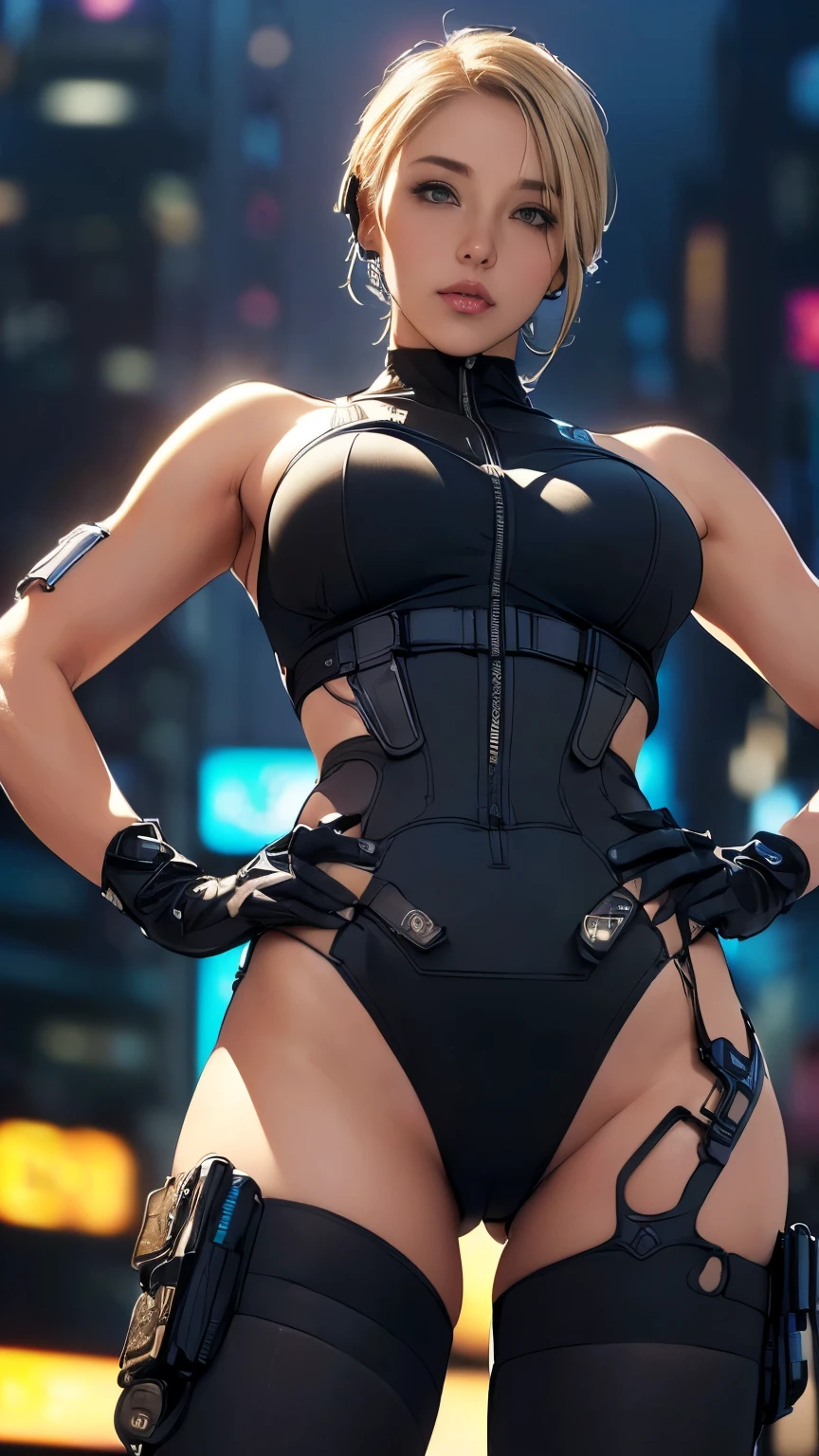 (A woman),(((Future female police officer standing))),((Black Tactical Tights:1.5)),((:1.5)),((earphone:1.5)),((Tactical Holster:1.5)),(Gloves:1.5),(((Hands on :1.5))),(front:1.5),(From below:1.2),(Super short hair:1.5),(Blonde:1.5),(beautiful eyes:1.3),(Very detailedな顔:1.5),((Very detailedな女性の手の描画:1.5)),((muscular:1.5)),( look:1.5),((Thick thighs:1.5)),(Beautiful Body:1.5),((Very sensual:1.5)),(The backdrop is a futuristic city:1.5),(Cyberpunk atmosphere:1.5),(((Blurred background:1.5))),(Written border depth:1.5),rest(((masterpiece:1.5),(best quality:1.5),(Very detailed:1.5),(high resolution:1.5),(Practical:1.5),(Practical:1.5),(Delicate depiction),(carefully drawn))),8K,wallpaper