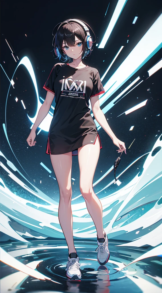 Top Quality, 8K, 4K, High Definition, Detail, (better-quality, 8K, 12), top-quality, 1 girl, short hair, she siting, wearing headphones, music effect around, full body, black background, shirt design,

