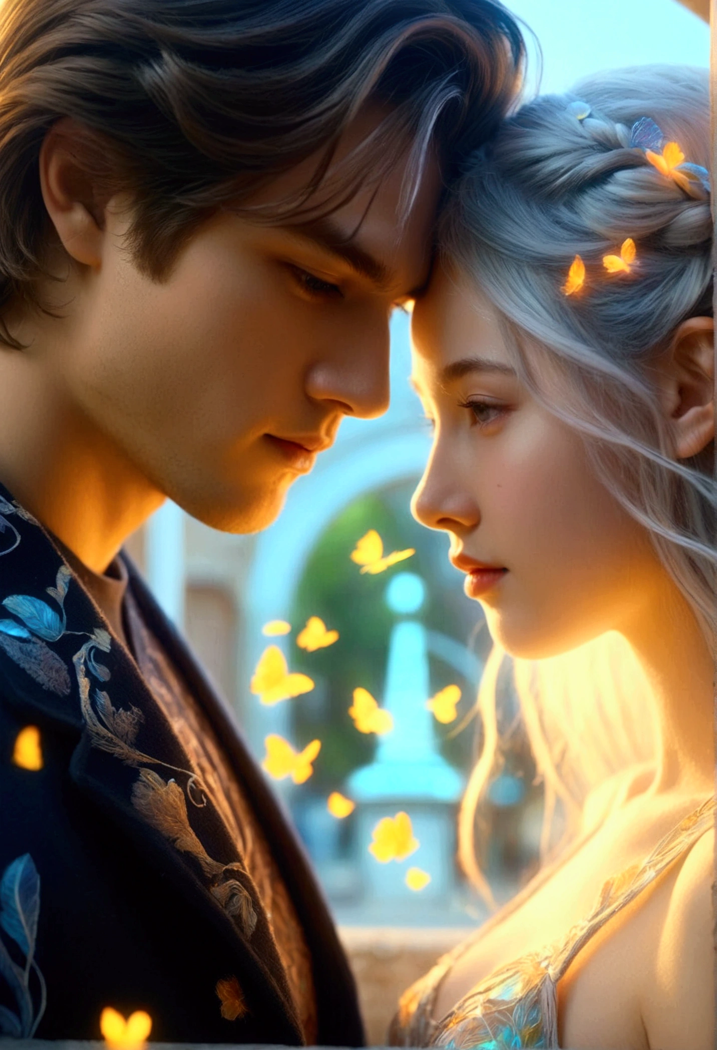 Romantic, (Beautiful teenage caucasian couple in Rome_1 long haired man and 1 woman), (Translucent luminous body_upper body close up angle), Surreal, (Romantic_Detailed and accurate hand drawing, delicate features), Dynamic colors, Architectural street, Landscape, Clear sky, (Best quality, 8K, Surreal:1.2), (Highly detailed, Realistic:1.37), Bright background, Intricately detailed, Amazing, Floating, Fluorescent, Glowing, Bioluminescent body, Glowing patterns.