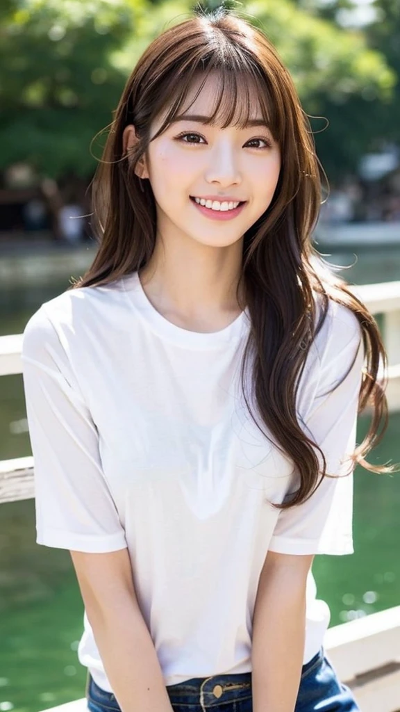 (8k、Highest quality、masterpiece、Ultra-high resolution、High resolution face:1.3)、Portrait、(20-year-old girl:1.3)、Bokeh Depth of Field、frontage、 The smile of a genius、Ultra-detailed、Ultra-high resolution、(Realistic、Realistic photos:1.37)、High-resolution RAW color photos、Professional photography、hVery detailed and beautiful、Very detailed、8k画像壁紙、Incredibly detailed、Large file size、Official Art、HVery detailed CG Unity 8k wallpapers、hVery detailed beautiful girl、Very detailed顔、Very detailed目、Very detailed皮膚、Very detailed指、hVery detailed nose、Very detailed詳細な口、Perfect Anatomy、HVery detailed clothing、1 girl、(18:1.2)、、cute、Famous Japanese Idols、cute、Realistic body、、White skin、Glowing Skin、The body is slim、Handsome body、Brown haired、(Blunt bangs:1.2)、Classic wavy long hair、 (Hmph:1.3),Laughter、cute、Zola々right、cute faces、A vivid face、Delicate eyes、Source Order、White T-shirt、Skirt、Looking into the camera、Cowboy Shot、Along the River、Positive、Contrapo、public