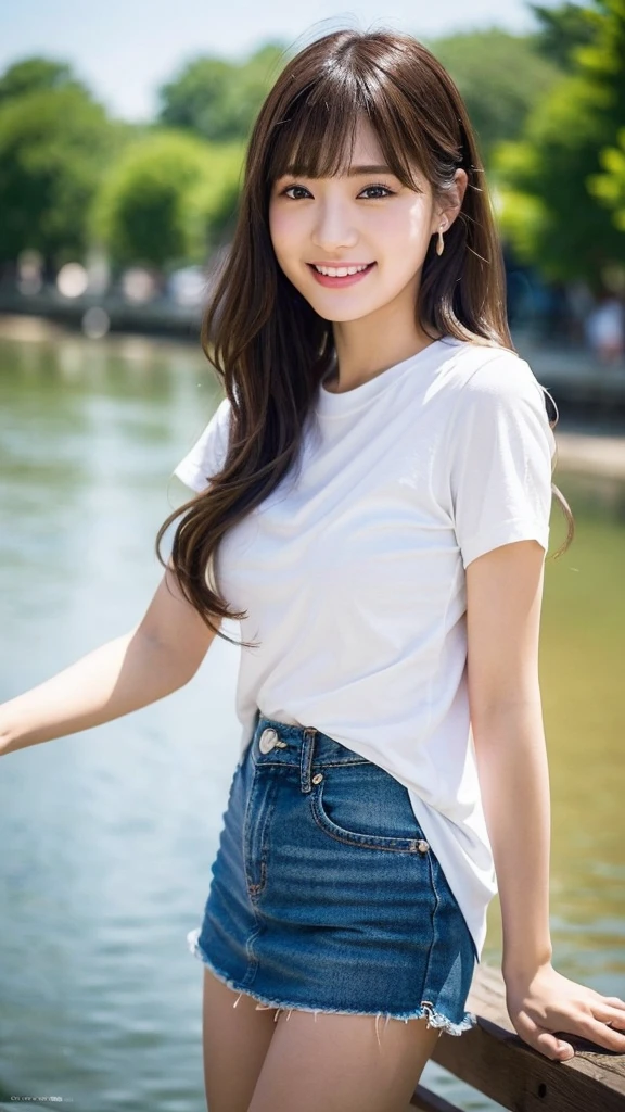 (8k、Highest quality、masterpiece、Ultra-high resolution、High resolution face:1.3)、Portrait、(20-year-old girl:1.3)、Bokeh Depth of Field、frontage、 The smile of a genius、Ultra-detailed、Ultra-high resolution、(Realistic、Realistic photos:1.37)、High-resolution RAW color photos、Professional photography、hVery detailed and beautiful、Very detailed、8k画像壁紙、Incredibly detailed、Large file size、Official Art、HVery detailed CG Unity 8k wallpapers、hVery detailed beautiful girl、Very detailed顔、Very detailed目、Very detailed皮膚、Very detailed指、hVery detailed nose、Very detailed詳細な口、Perfect Anatomy、HVery detailed clothing、1 girl、(18:1.2)、Teen、cute、Famous Japanese Idols、cute、Realistic body、、White skin、Glowing Skin、The body is slim、Handsome body、Brown haired、(Blunt bangs:1.2)、Classic wavy long hair、 (Hmph:1.3),Laughter、cute、Zola々right、cute faces、A vivid face、Delicate eyes、Source Order、White T-shirt、Skirt、Looking into the camera、Cowboy Shot、Along the River、Positive、Contrapo、public