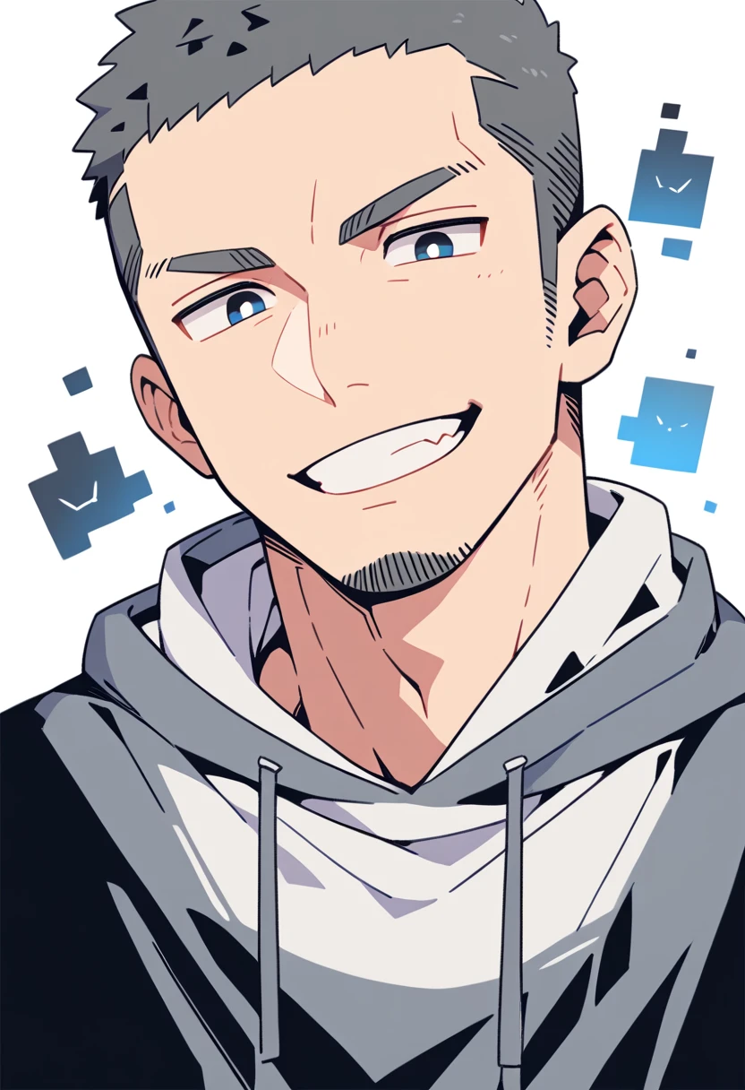 anime characters:Priapus, Muscle Sports Student, Buzz Cut, Manliness, male focus, Sports tight hooded sweatshirt, Very tight, full and perky chest muscles, muscular male, muscular, only, Upper body, alone, Red short hair, Thick eyebrows, stubble, Brown-red pupils, White background, simple background, amazing quality, best aesthetics, Ridiculous, crew cut, smirk, bright pupils, grin, negative space, negative space, best quality