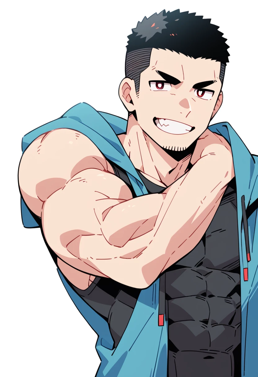 anime characters：Priapus, Muscle Sports Student, Buzz Cut, Manliness, male focus, Sports tight hooded sweatshirt, Very tight, full and perky chest muscles, muscular male, muscular, only, Upper body, alone, Red short hair, Thick eyebrows, stubble, Brown-red pupils, White background, simple background, amazing quality, best aesthetics, Ridiculous, crew cut, smirk, bright pupils, grin, negative space, negative space, best quality