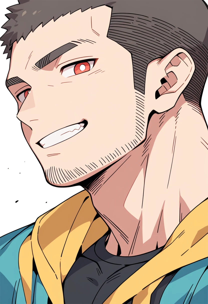 anime characters:Priapus, Muscle Sports Student, Buzz Cut, Manliness, male focus, Sports tight hooded sweatshirt, Very tight, full and perky chest muscles, muscular male, muscular, only, Upper body, alone, Red short hair, Thick eyebrows, stubble, Brown-red pupils, White background, simple background, amazing quality, best aesthetics, Ridiculous, crew cut, smirk, bright pupils, grin, negative space, negative space, best quality