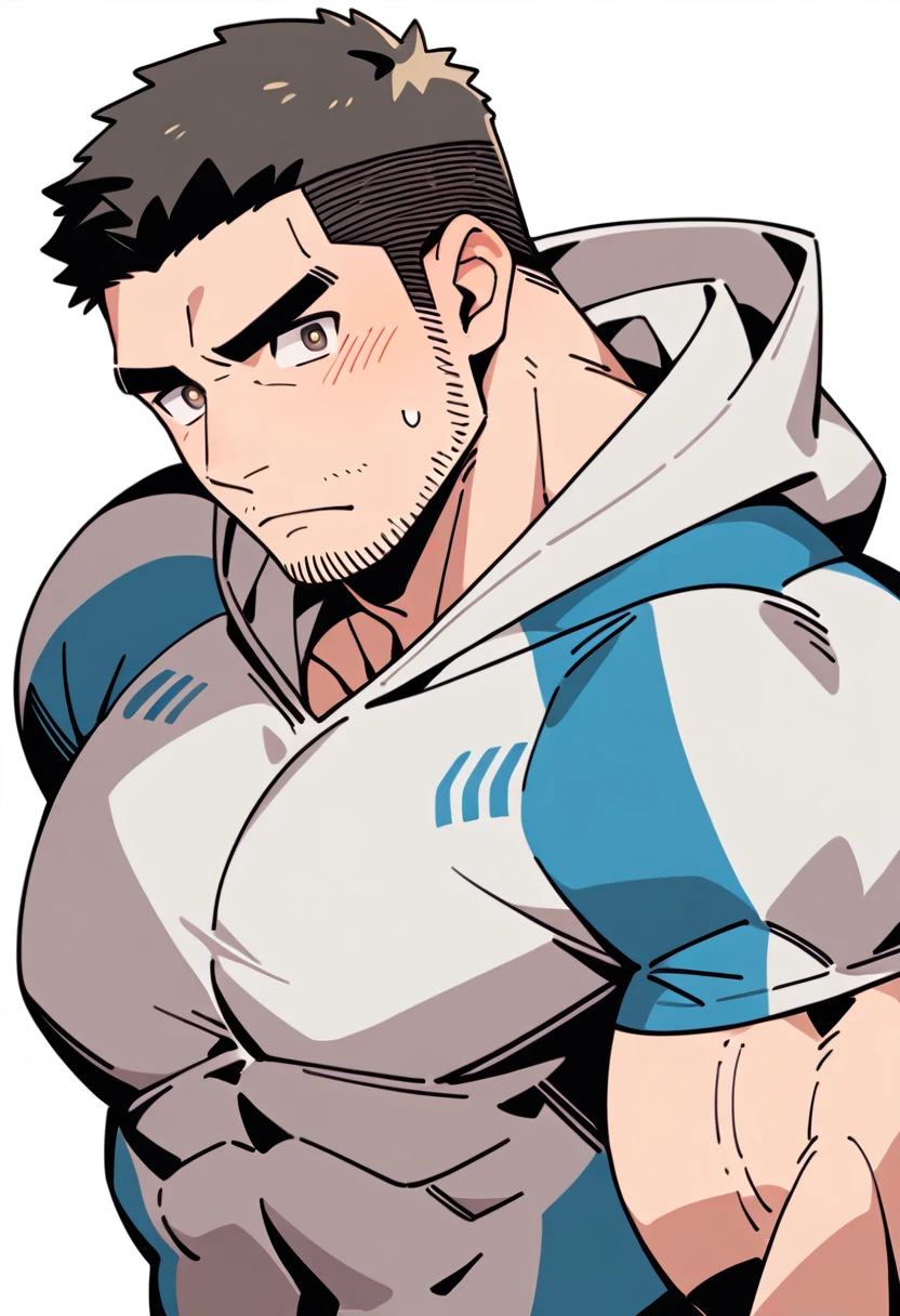 anime characters:Chris Redfield, Muscle Sports Student, Buzz Cut, Manliness, male focus, Sports tight hooded sweatshirt, Wear a black high-necked tights inside, Very tight, Huge chest muscles, muscular male, muscular, only, Upper body, alone, Red short hair, Thick eyebrows, stubble, Brown-red pupils, White background, simple background, amazing quality, best aesthetics, Ridiculous, crew cut, embarrassed, frown, nervous, negative space, best quality