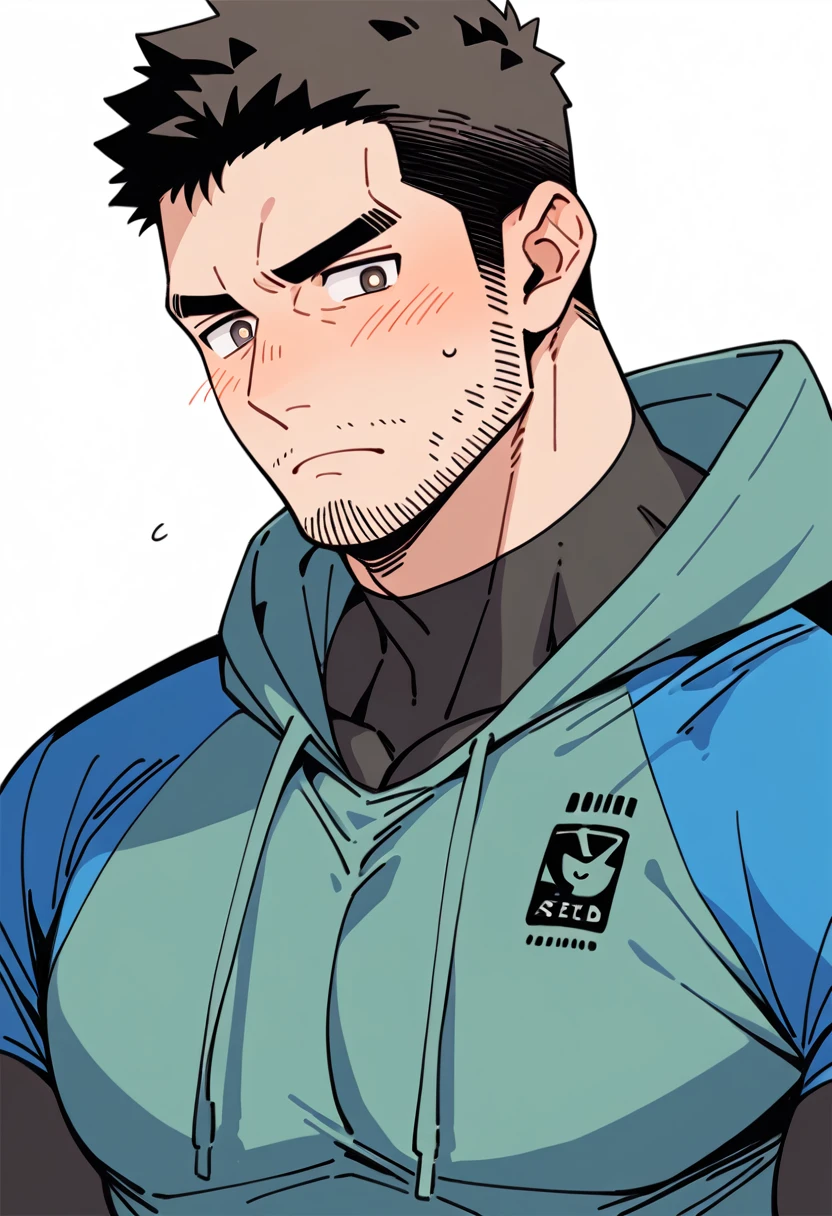 anime characters：Chris Redfield, Muscle Sports Student, Buzz Cut, Manliness, male focus, Sports tight hooded sweatshirt, Wear a black high-necked tights inside, Very tight, Huge chest muscles, muscular male, muscular, only, Upper body, alone, Red short hair, Thick eyebrows, stubble, Brown-red pupils, White background, simple background, amazing quality, best aesthetics, Ridiculous, crew cut, embarrassed, frown, nervous, negative space, best quality