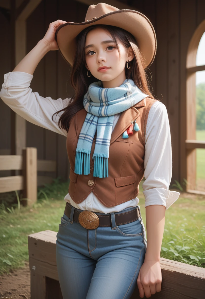 Portrait of a beautiful woman in a muddy farm:1.2 , Cowboy hat, Tassel vest , Pants, scarf , confidence , Medium breasts,