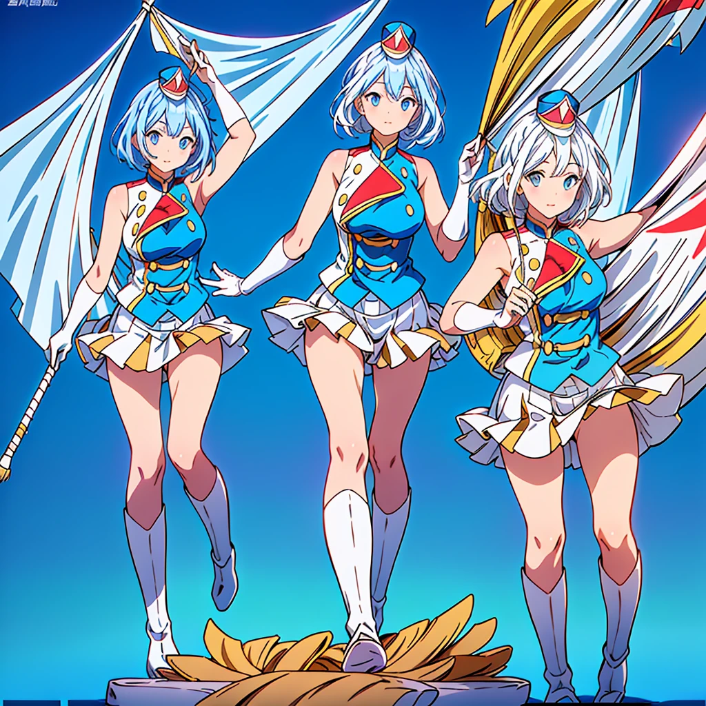 1girl、Dynamic composition、marching band、(((Masterpiece、Highest quality、Official Art、Super detailed、Handsome face、Dynamic composition)))、Anime Style、(Milky white and blue hair:1.3),(Blue eyes:1.4),(Bright colors:1.4),((Asanoha background:1.3)),, marching bandのユニフォームを着たクールな女の子, marching band hat、mini skirt, Frills, Black and white with gold embroidered flag held in both hands,（background:Large red flag on the back with gold floral embroidery, Note, )、euphonium、Huge Flag、