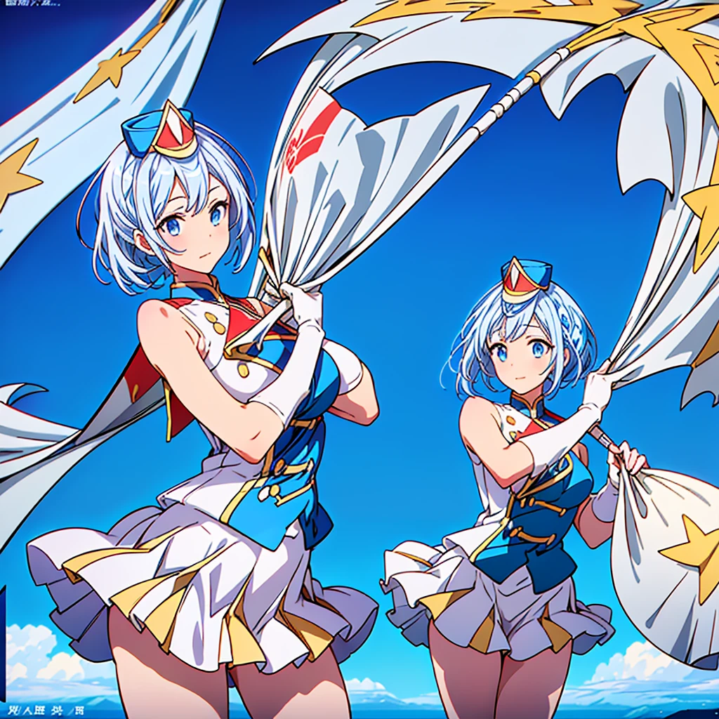 1girl、Dynamic composition、marching band、(((Masterpiece、Highest quality、Official Art、Super detailed、Handsome face、Dynamic composition)))、Anime Style、(Milky white and blue hair:1.3),(Blue eyes:1.4),(Bright colors:1.4),((Asanoha background:1.3)),, marching bandのユニフォームを着たクールな女の子, marching band hat、mini skirt, Frills, Black and white with gold embroidered flag held in both hands,(background:Large red flag on the back with gold floral embroidery, Note, )、euphonium、Huge Flag、