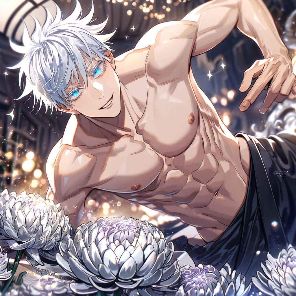 absurdres, highres, ultra detailed, HDR, master piece, best quality, extremely detailed, Gojou Satoru, white hair, expressive blue eyes, white eyelashes, Jujutsu Kaisen, solo, sexy man, handsome, smile, sensual, toned chest, bare chest, fantasy, room, sparkling, silver glittering fireflies, silver blossoms, silver chrysanthemums, silver sparkling lights, starry sky, magical