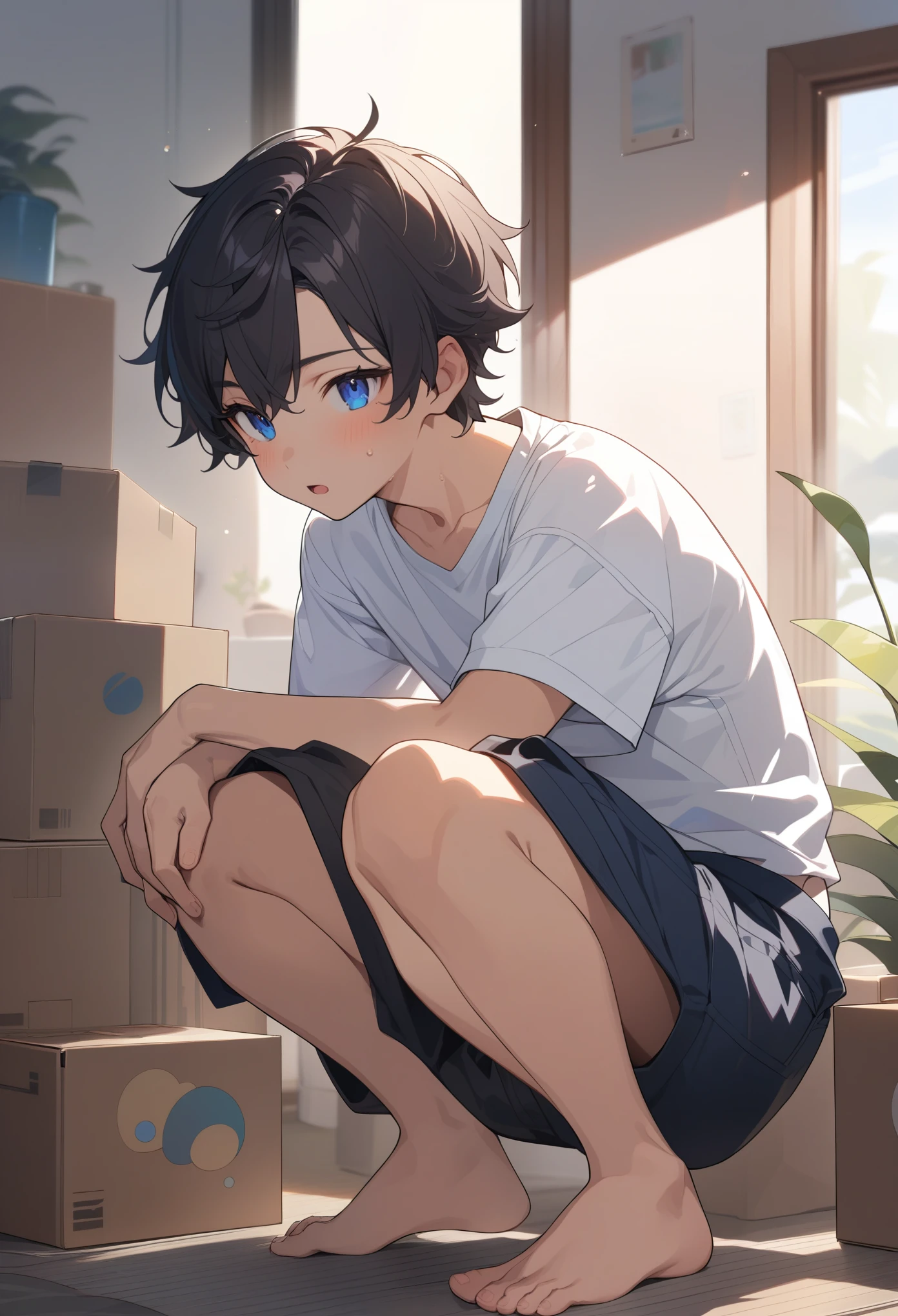 masterpiece, best quality, extremely detailed, ultra detailed, flat anime, 2D, ((1boy)),black hair, (short hair:1.5),blue eyes, height 1.7meters, (circle eyes:1.2), (young adult:1.2), Ear-length sideburns, long Sleeves, White T-shirt, barefoot, ((short sleeves)), ((long pants)), squatting, open mouth, summer, 12AM, livingroom,organizing the boxes., ((portrait)),full body,expressionless,((looking at viewer))