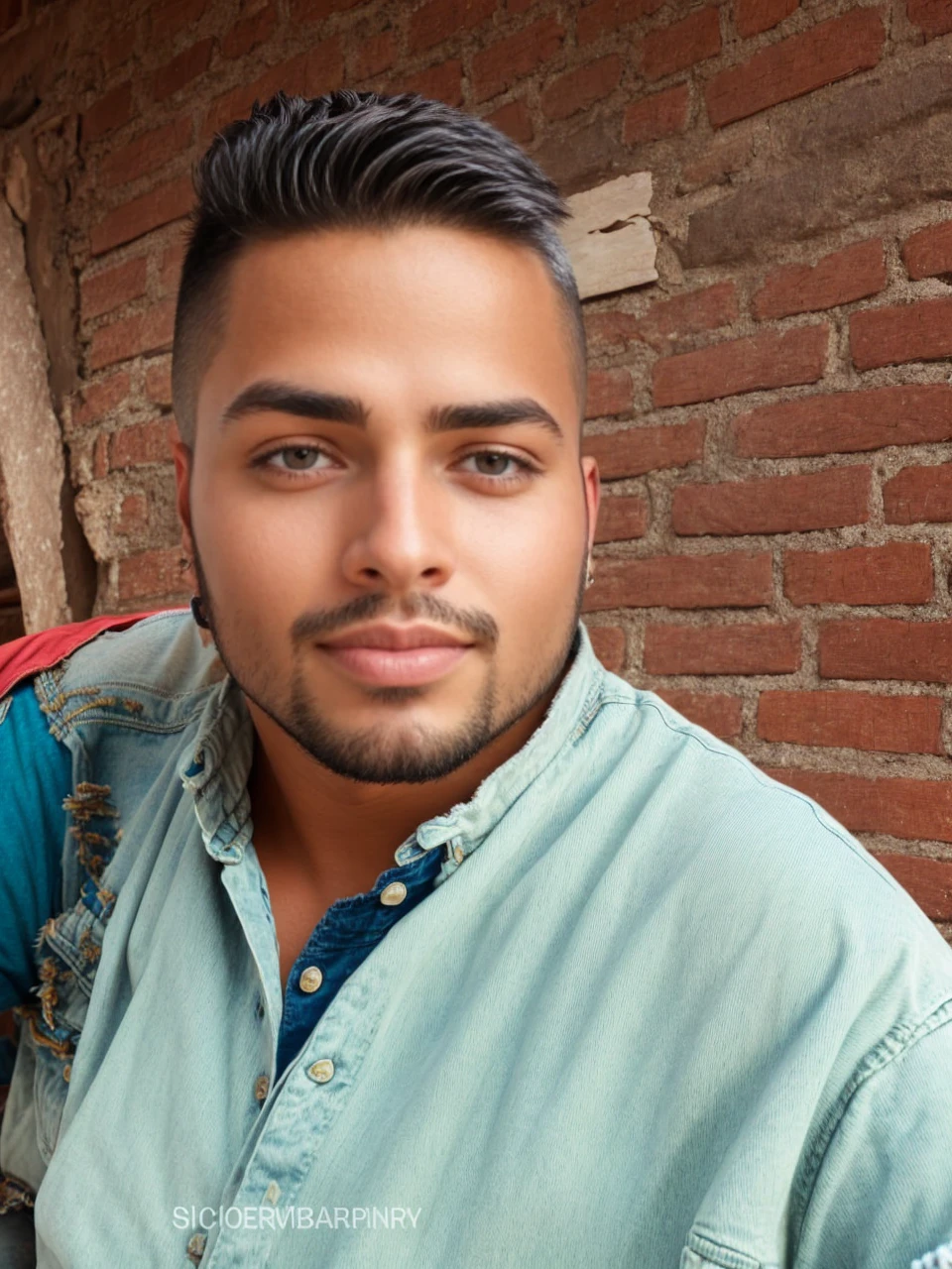 (Portrait of Moroccan guy), muscles, dimples, steamy, ripped holy jeans, short skin fade haircut, alluring, gorgeous eyes