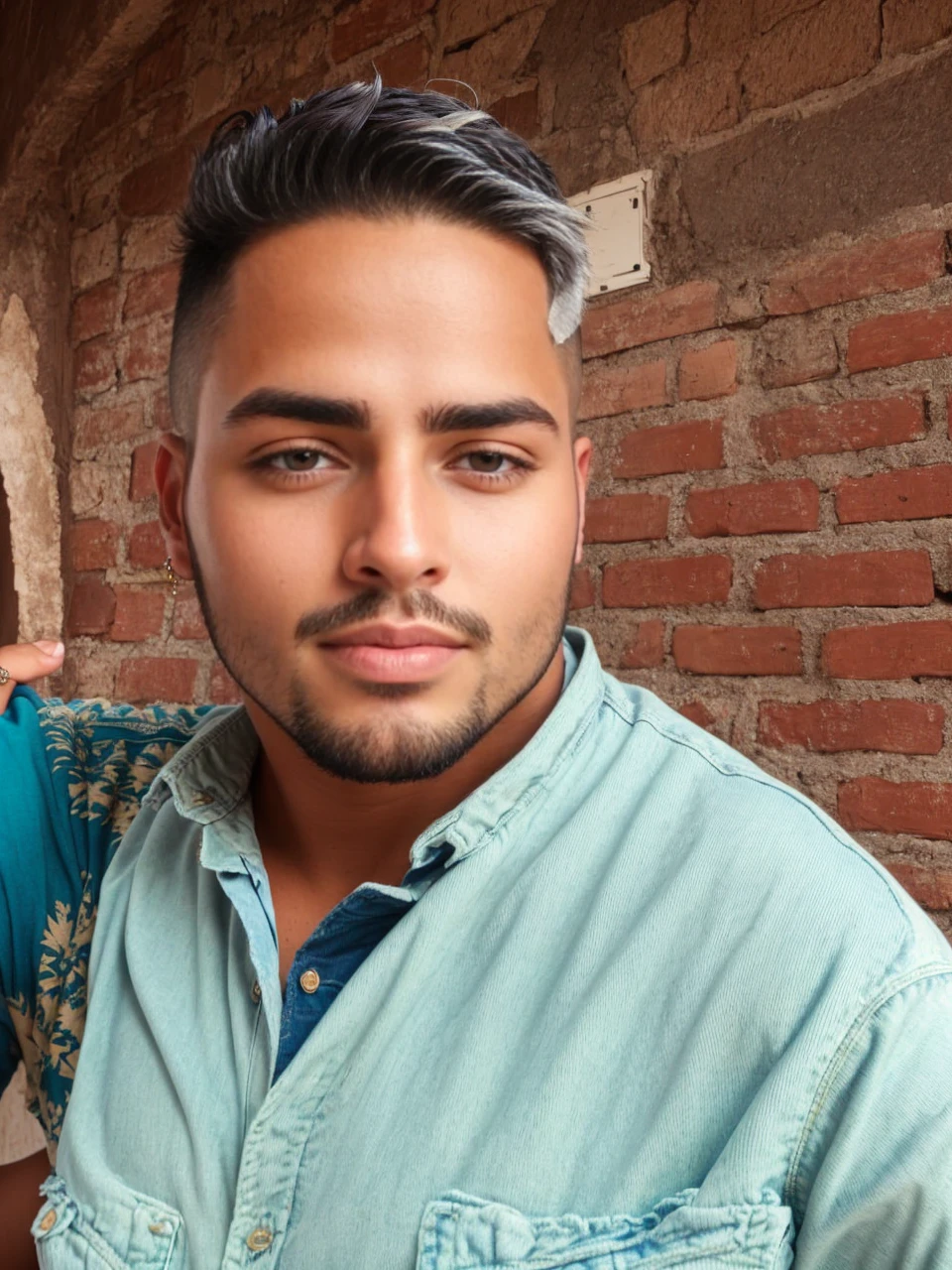 (Portrait of Moroccan guy), muscles, dimples, steamy, ripped holy jeans, short skin fade haircut, alluring, gorgeous eyes