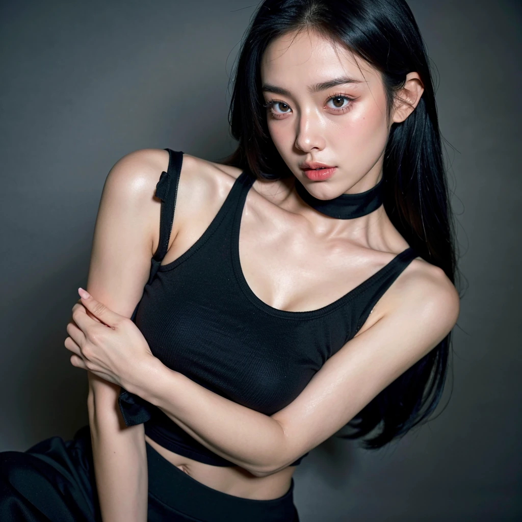 best quality, ultra high res, (photorealistic:1.4), 2girl, tanktop black shirt, black tight skirt, black choker, (faded ash gray hair:1), medium breasts, looking at viewer, closeup, (pretty face) , southeast asia girl. 