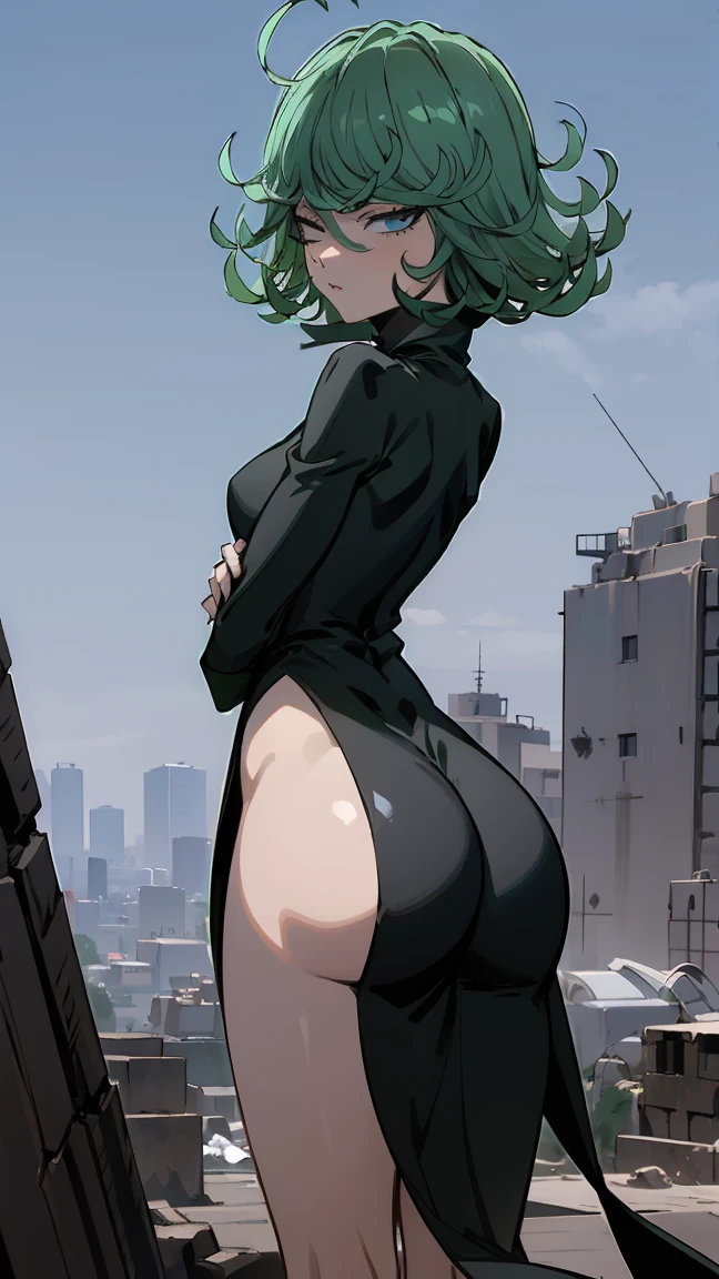 Anime art style, tatsumaki from one punch man, green hair, white skin, standing on destroyed city, cinematic lights, blushing cheeks, smilling, looking back at viewers, grabbing her ass, big booty, NSFW, back view, beautiful scenery. The dress is covering her ass, closed mouth, turtleneck, looking back, from behind, ass focus, standing, detailed eyes, half-closed eyes, curvy, wide hips, impossible clothes, outdoors, night, sky, clouds, stars, streetlights, lights, buildings, plants, bushes, (narrowed eyes:1.2), (squinted eyes:1.2), BREAK masterpiece, best quality, highly detailed background, perfect lightingbest quality, ((shiny skin, glossy skin, detailed skin)), (((detailed lips))), (((detailed eyes))), wide hips, ass is covered by dress