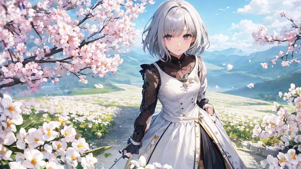 Ultra HD,Look at the viewers, Put your hands behind your back, With a girl, 20-year-old, 非常にShort Hair, Long bangs between the eyes, Pale blue eyes, Very detailed,(masterpiece、Highest quality),Gray Hair、Laughter、Fantastic, Silver Hair, Iris, Short hair、 Fluttering Hair、Small Face、明るいsmile、(Detailed face) ,Professional Lighting,Wonderful landscape,blue sky, sunlight,Looking down from above,Portraiture、Open your mouth、Flower Field、Her eyes were shining、Mysterious and enchanting atmosphere。With AI Painting、とてもShort Hair, Long bangs between the eyes, Very detailed,(masterpiece、Highest quality)、alone、Gray Hair、Fantasy, Silver Hair, Fantasyな風景、smile、Open your mouth、short hair、Short Hair、hairpin、black eye、Grey Eyes、Beautiful Eyes、Black Shirt、White hoodie