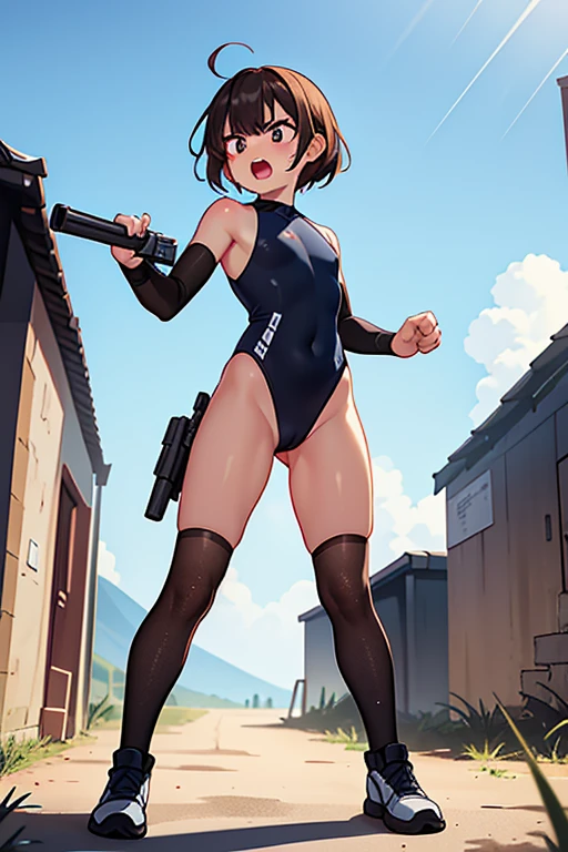 Ten_years_old girl, high cut leotard, freckled skin, body freckles, fighting, angry scream, gun, fullbody, standing,