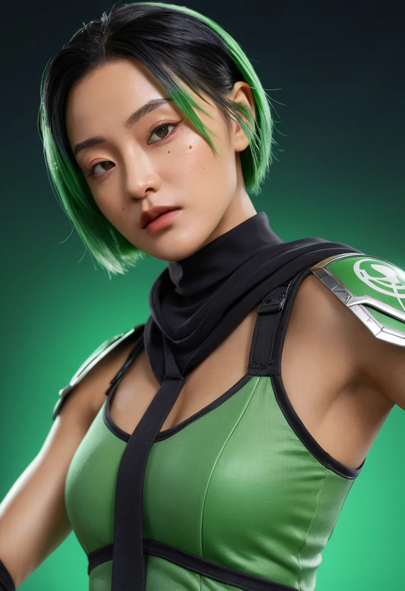 Soft lighting illuminates a richly detailed image、Ultra-realistic close-up shots,Tati Gabrielle in a green outfit,Wear a hood, mortal kombat 11, Jade from Mortal Kombat, In Mortal Kombat, MK Ninja, Wearing green armor and helmet, Akali, Fujin, Popular on ArtStation. Octane was the perfect tool to capture the finest details of this 16k photographic masterpiece