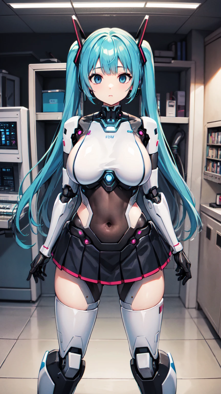 masterpiece, Highest quality, Very detailed, 8K Portrait, Toned body,japanese android girl, Ultimate Physical Beauty, Huge breasts , announcer,Control panel,Robotic arms and legs, Hatsune Miku VOCALOID, Twin tails, Bright Blue Eyes, Light blue hair,Mechanical body,Blunt bangs,The belly of a perfect machine,White robot parts,Perfect robot woman,Cyberpunk Costume,She runs on electricity,The Laboratory of the Future,Perfect plastic body,完璧なMechanical body,Black sponge joint,Removable cover in crotch area,The connection port is located in the crotch area,Open chest panel,Chest access panel,Open chest panel,Perfect Machine Breasts,Machine body,White robot body,Ceramic breastplate,Perfect Shaped Breasts,She was assembled by a robotic arm,Assembly Plant,mini skirt,Pleated skirt,boots,Perfect futuristic costume,完璧なMechanical bodycover,Another booth,She keeps it in a booth,Costume with light blue accents,