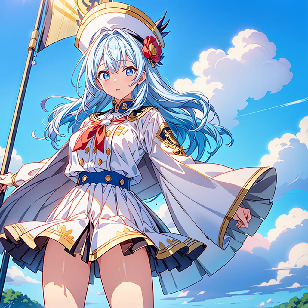 1girl、Dynamic composition、marching band、(((Masterpiece、Highest quality、Official Art、Super detailed、Handsome face、Dynamic composition)))、Anime Style、(Milky white and blue hair:1.3),(Blue eyes:1.4),(Bright colors:1.4),((Asanoha background:1.3)),, marching bandのユニフォームを着たクールな女の子, marching band hat、mini skirt, Frills, Black and white with gold embroidered flag held in both hands,（background:Large red flag on the back with gold floral embroidery, Note, )、euphonium、Huge Flag、