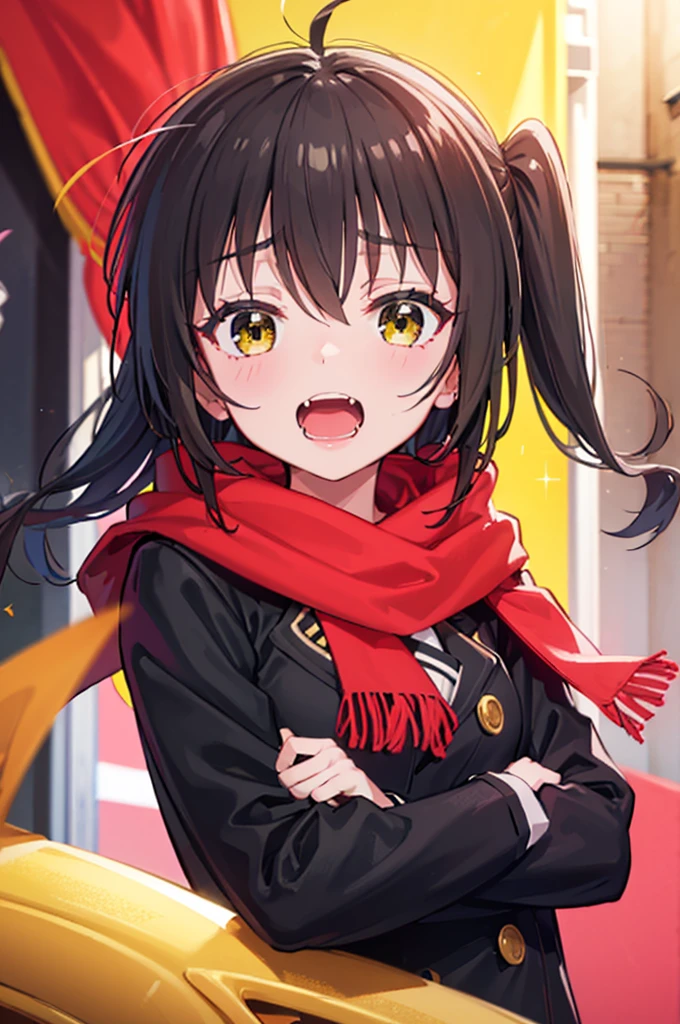 ((best quality)), portrait, one_Side_up, long hair, black hair, stupid hair, passionate fool, girl, medium breasts, Laugh loudly and energetically, golden eyes, red cloth scarf, Black Jacket, hero, Arms crossed