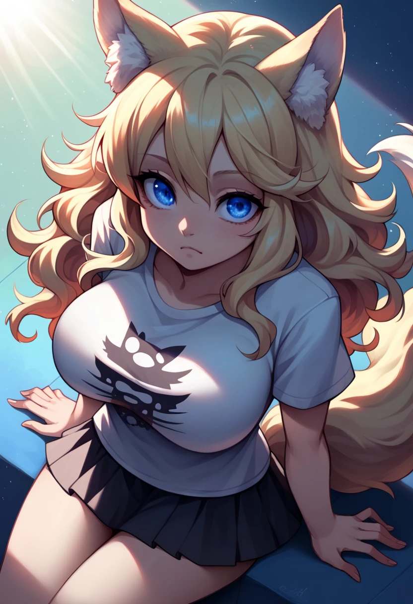 work of art, best qualityer, wolf girl, chic, 1 girl, wolf's ears, wolf tail, cute, corou, looking ahead at viewer, From above, Wavy blonde hair, mini-skirt, white and black striped t-shirt, blue colored eyes, gorgeous eyes, beautiful background, light particles, Sun'rays, dramatic lighting, out, Ablaze, realisitic, work of art, best qualityer, ultra-detailded, detailded, Scenario, beautiful detailded eyes, detailded hair. (Big breasts and an exaggeratedly big ass).