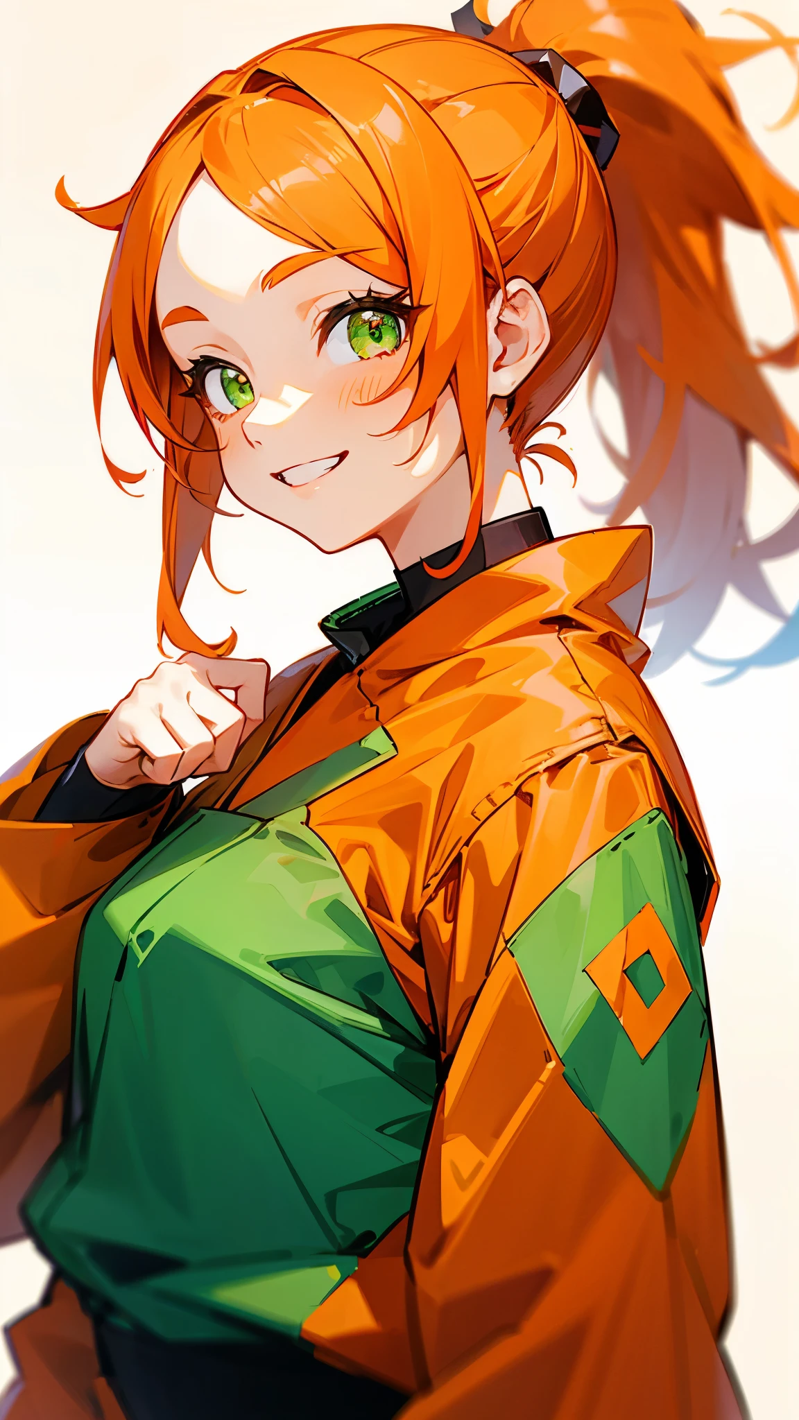 1 girl、Anime Images、Orange clothes、Orange Hair、ponytail、Beautiful green eyes、Grin、From the side、Upper body close-up