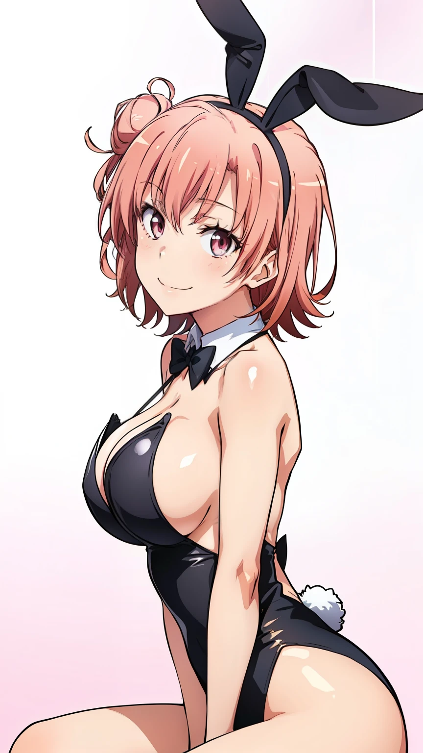 ((masutepiece, Best Quality, hight resolution, nffsw, Perfect Pixel, depth of fields, 4K, )), 1girl in, Solo, , Beautiful anime girl, Beautiful Art Style, close up, Looking at Viewer, Perfect body, side shot, Yuigahama Yui, Short hair, pink hair, pink eyes, hairbun, (large boob), side boob, sitting, black playboy bunny outfit, smile, hands on thighs, blank white background