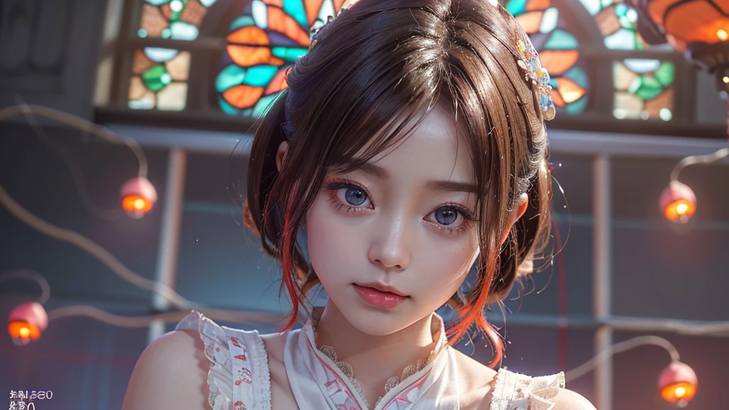 A tiny junior idol in a white outfit with delicate lace, (Expose:0.9), (Nipples:-0.9), (Dynamic Close-up, (Dazzling stained glass background)), (((Renbutsu Misako), Colorful lights shine through the stunning, intricate stained glass:1.2)), Bright red, Lens Particles, Lens flare, Light Particles, Dazzling halo. ((Accutance:0.8)), (masterpiece:1.2),(Very detailed:1.37),(Realistic,photoRealistic, ((photo-Realistic:1.37))born々new feeling). (Very detailedKAWAII顔のバリエーション, Variations in expression), Fine eyes with shimmering highlights, Captivating Gaze, Long eyelashes, Slight redness in the face, Rosy Cheeks, Perfect skin texture . { The girl's body is covered with flowers | Mysterious sight | mist }, ((Dynamic Angle, Physically Based Rendering)) . (((Big eyes:-0.9, Not a detailed finger:-0.9))) .
