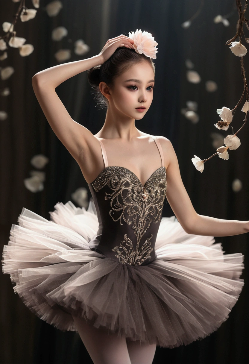 best quality, (((On the table))), (((highest level))), ((extra fine)), (illustration), ((extremely delicate and beautiful)), dark fantasy style，Black Swan，Dynamic angle, floating, (silk tutu: 1.4), (Beautiful and delicate eyes), (detail light), (1 girl), medium bust, medium long hair, dark brown sparkling eyes, black hair,silk tutu, Nature, (lighting，Contour light，background spotlight), (Ballet is dancing), (sketch), (flower), A faint smile, Soft colors, Complete anatomy, Upper Body, Extremely detailed beautiful face,