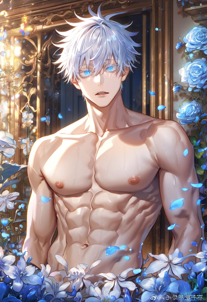 absurdres, highres, ultra detailed, HDR, master piece, Gojou Satoru, white hair with bangs, white eyelashes, expressive blue eyes, hair between the eyes, bare chest, toned chest, Jujutsu Kaisen, sexy man, room, handsome, best quality, flowers, fantasy, magical, solo, blue shining fireflies, blue petals, sensual