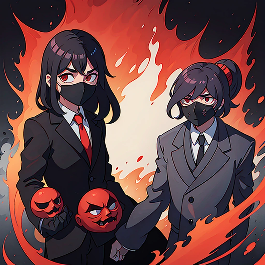 Um homem de cabelos pretos, a mask covering the entire face except the eyes, red eyes, a completely black suit, a red tie
