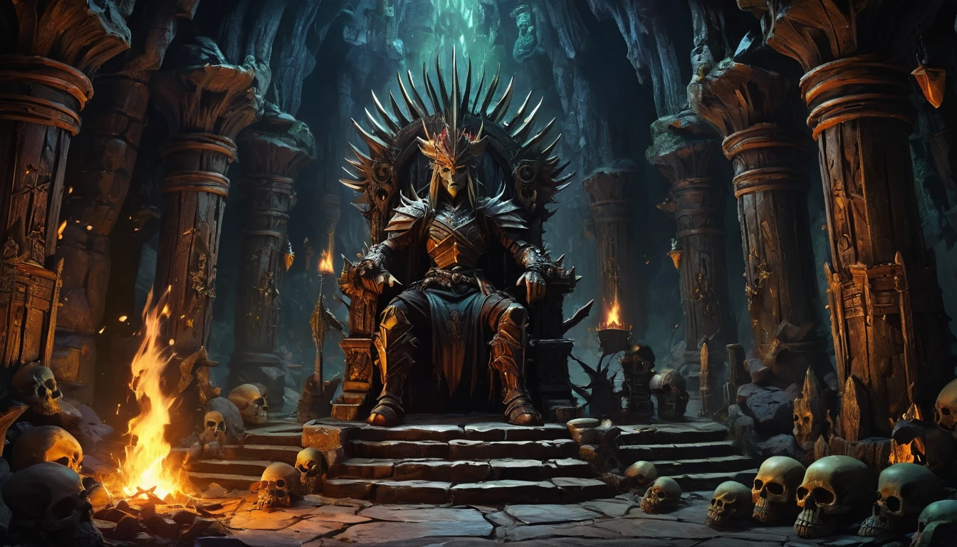 (anime: 1.5, dark fantasy: 1.5, throne: 1.5), (best quality, highres, HDR:1.2), vibrant colors, dangerous atmosphere, ((goblin king throne)), ((goblin lair: 1.5)), ((cave)), ((totem, tribal, skulls, spikes)), dark :1.4, general shot