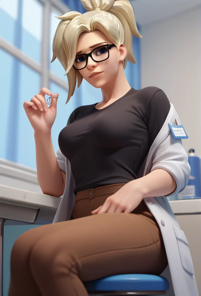 score_9,score_8_up,score_7_up,score_6_up ,source_overwatch 1girl, solo, mercy \(overwatch\), glasses, lab coat, hospital, indoors, sitting, stool, looking at viewer, shirt, depth of field, brown pants, black shirt, window,