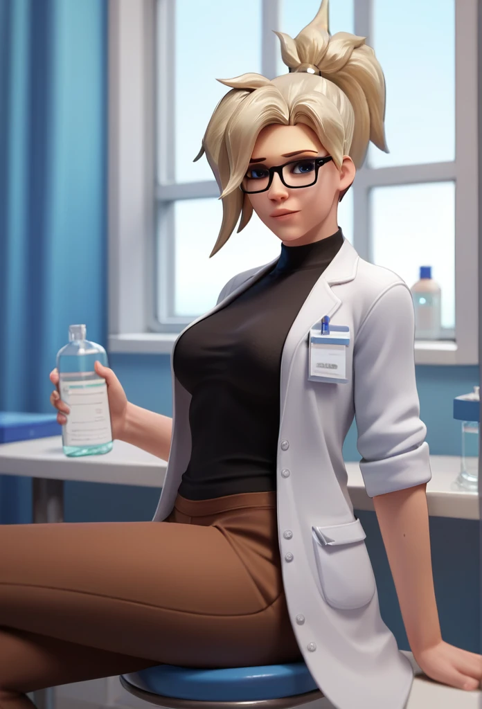 score_9,score_8_up,score_7_up,score_6_up ,source_overwatch 1girl, solo, mercy \(overwatch\), glasses, lab coat, hospital, indoors, sitting, stool, looking at viewer, shirt, depth of field, brown pants, black shirt, window,