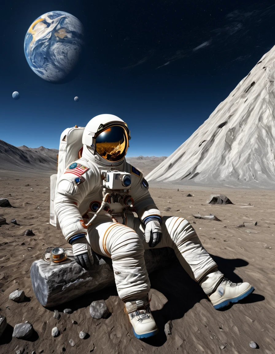 1male\(astronaut,wearing spacesuit,camping at moon,sitting,looking away\), BREAK ,background\((at moon),camping,(tent),(you can see the blue earth in the sky),cosmic,space,small spaceship\), BREAK ,quality\(8k,wallpaper of extremely detailed CG unit, ​masterpiece,hight resolution,top-quality,top-quality real texture skin,hyper realisitic,increase the resolution,RAW photos,best qualtiy,highly detailed,the wallpaper,cinematic lighting,ray trace,golden ratio\),(landscape,long shot)