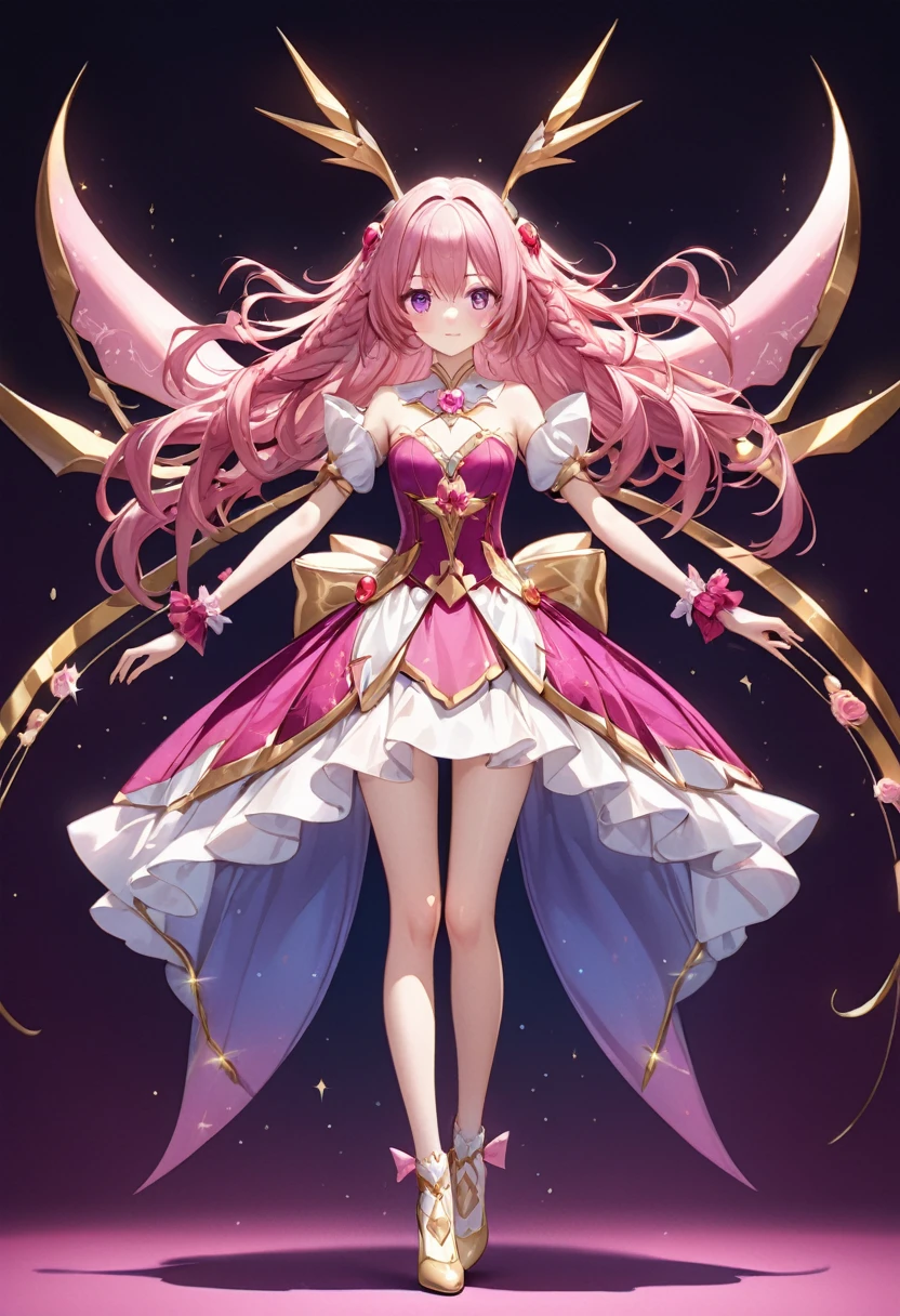 Create an anime-style girl with (((deep magenta eyes and long, wavy pink hair))) ((styled in an elegant frenchbraid)). (((She is slender, and with small breasts))). ((Ensure a full-body shot of her)) wearing a (((pink, gold, and rose gold color magical girl-themed outfit.))) ((The outfit features a spider and spider web theme.)) The overall look is regal and ethereal, with magical glowing effects. cutesexy, purinpuon pixiv, no future, a hyperrealistic , hyperrealistic , realistic , seductive (anime girl), smooth anime cg art, beautiful alluring anime , (purinpuon pixiv), ((magical girl)), (masterpiece), best quality, expressive eyes, perfect face ((Highest quality))、((8K))、(((8k wallpaper))) ((Full Body Shot: 1.5))、ultra detailed, masterpiece, best quality, solo ((purinpuon pixiv, no future)) (((purinpuon pixiv, no future)))