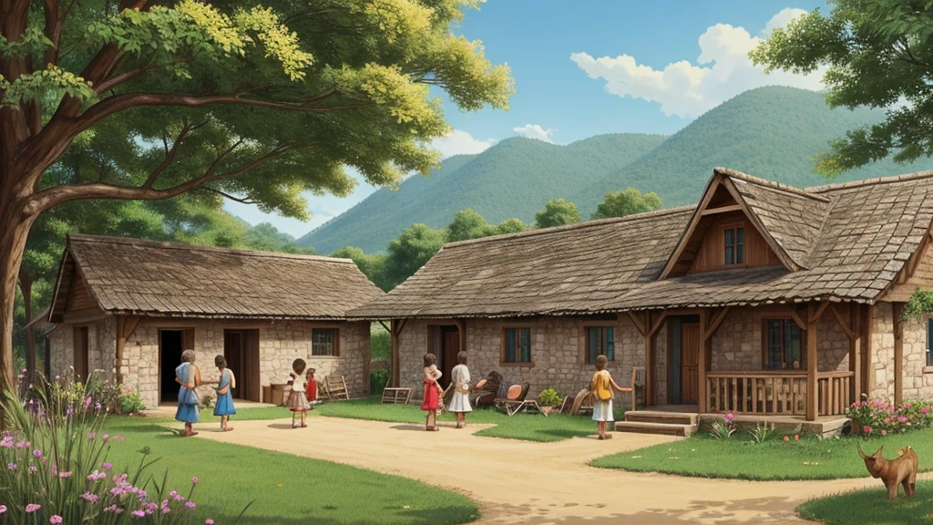 There used to be many people living in a village. Everyone lived together, cartoon image 