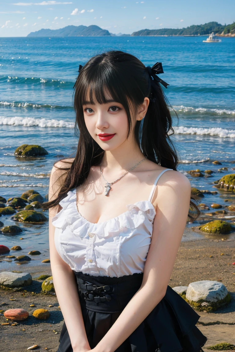 best quality, tmasterpiece,Ultra-high resolution,Clear face,(Reality:1.4),ferpect lighting,(full body), (photorealistic:1.50), anime wallpaper, Guviz style artwork, cover-up fantasy up to magic , by Yang J, Guviz, beautiful artwork illustration, beautiful digital artwork, beautiful digital illustration, Li Song, beautiful anime portrait, art style in Beauvot,1girl, 独奏, bangs, long hair,twintails, hair ribbon, jirai kei attire, jirai kei, black thighhighs, high heels, jewelry, collarbone, earrings,smile, necklace, (standing), (big breasts:1.5), (shagging breasts) Naughty, (From the front:1.3), On the beach, Beach sand, waves, (Beach:1.5),basking under the sun, sharp face, ASİAN,