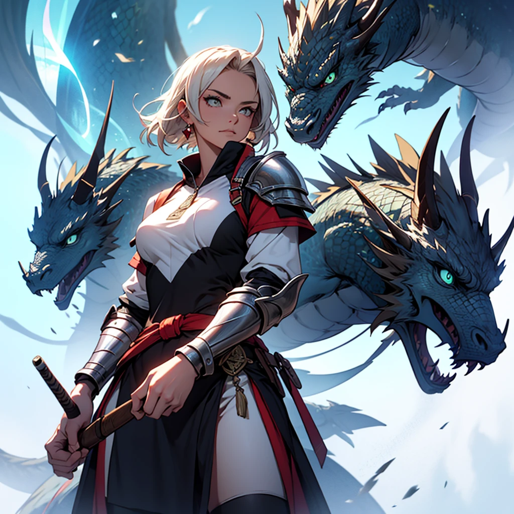 athletic warrior woman in dragon scale armor holding magical axe and holding gun