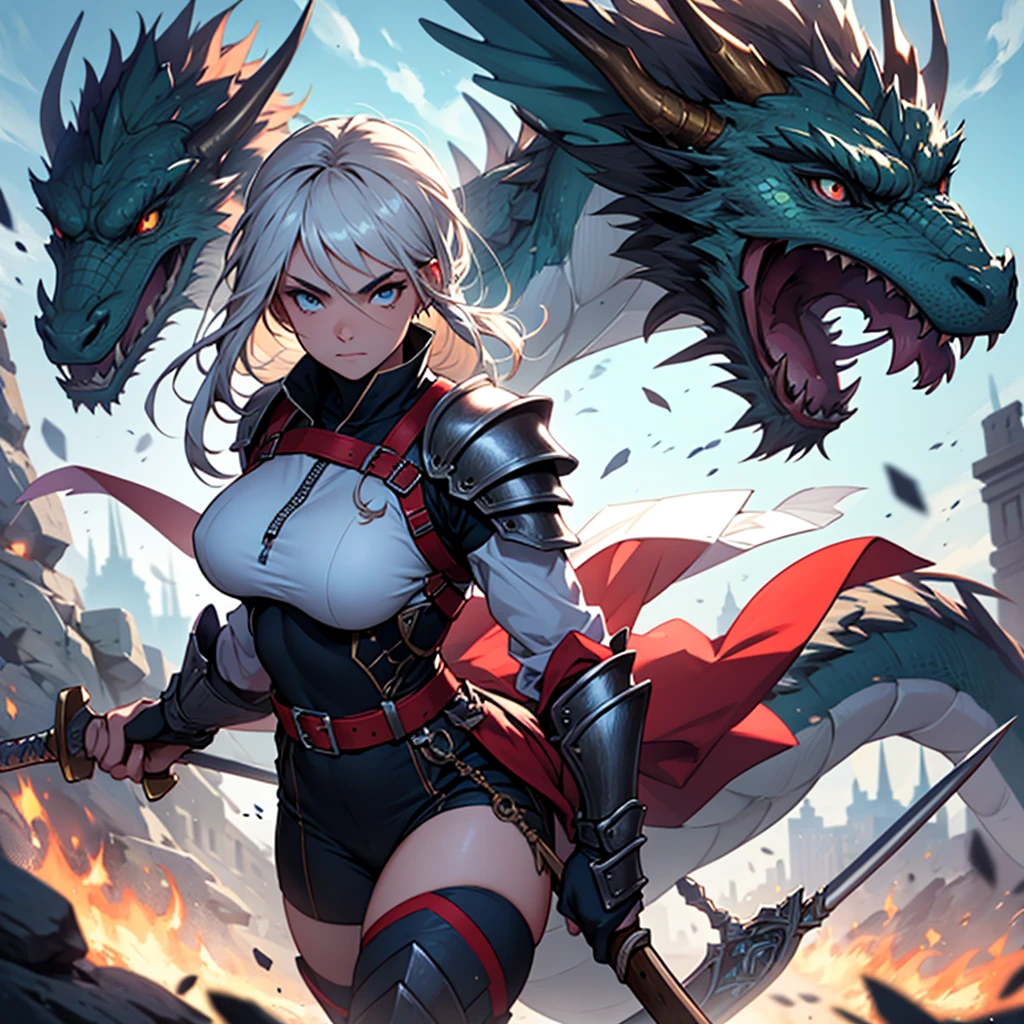 athletic warrior woman in dragon scale armor holding magical axe and holding gun