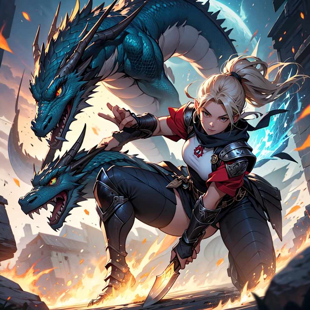 athletic warrior woman in dragon scale armor holding magical axe and holding gun