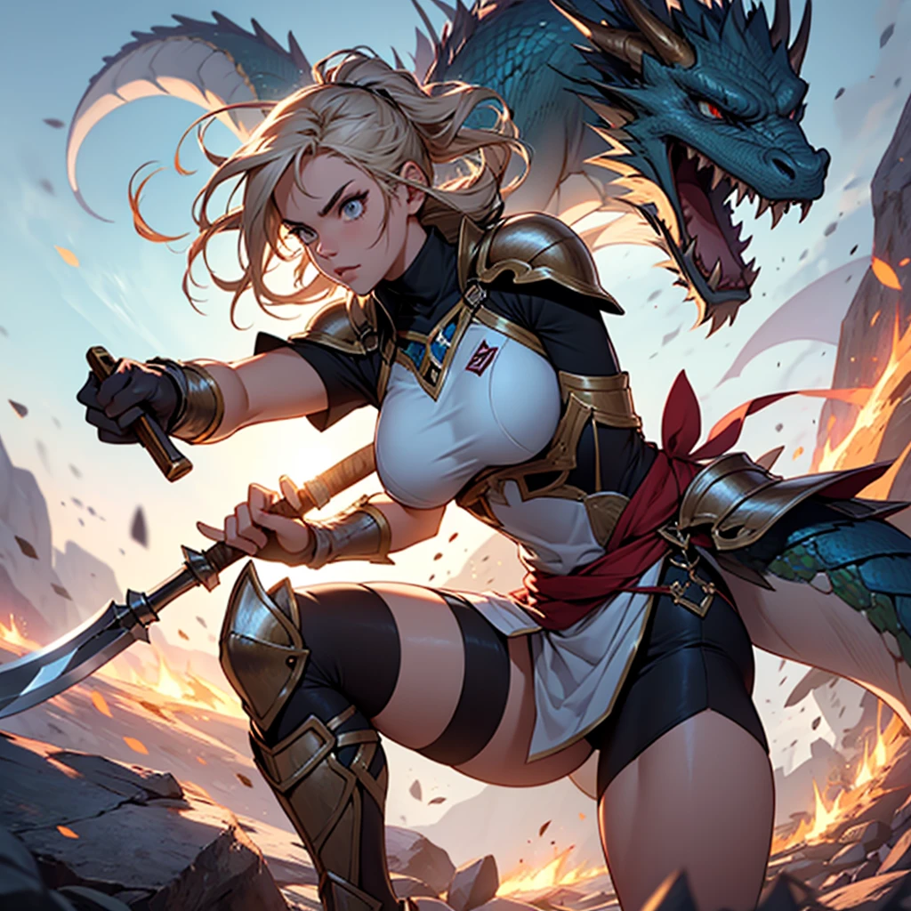 athletic warrior woman in dragon scale armor holding magical axe and holding gun