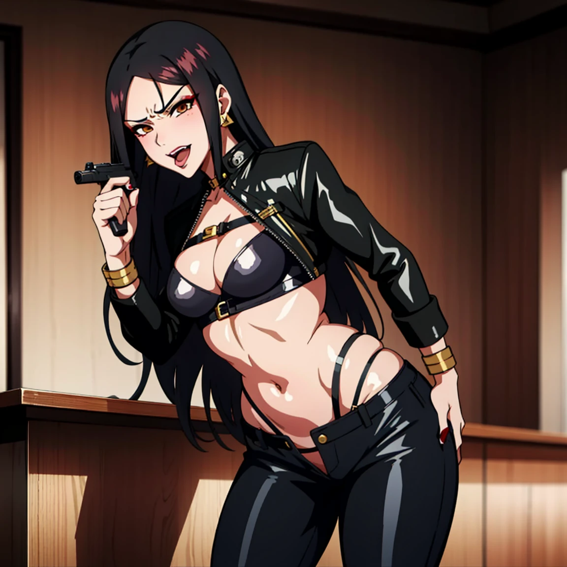 2girl , two girl, tokyo_ghoul_style, long hair,, blush, lipstick, Hot girl, baddie, staring, glaring, bad attitude, mean girl, dare, angry, hate, crazy, smoking, sensual, attractive, bar background, inside bar, indoor,
black hair, long hair, hair between eyes, lipstick, makeup, black eyeshadow, detailed hair, detailed face, brown eyes, perfect eyes, perfect face,
long hair, blush, lipstick, jewelry, earrings, Hot girl, baddie, staring, glaring, bad attitude, mean girl, dare, angry, hate, crazy, smoking, sensual, attractive, masterpiece, best quality, highly detailed, a girls with a gun, evil smile , open mouth, sexy gaze, badass
pose , evil smile, smile, (nsfw) not safe for work, guns blazing, anime girl with long hair, beautiful long
haired girl, navel, evil expression, exposed belly, exposed navel, exposed midriff, exposed lower belly,
long black pants, crop top, cleavage, unbuttoned leather pants ,open fly, low rise black leather pants,
leather jacket, holding a gun, holding pistol