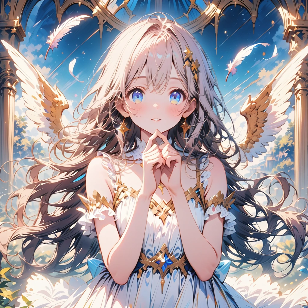 (best quality:1.2),(hands finger 5 digits:1.3),(extremely delicate and beautiful:1.3),(detailed ultra detailed:1.2),(scenery clear details:1.2),(scenery crystal clear :1.2),(solo),(blue eyes),(long white long hair),(white dress),(angel wings),(floating white feathers,starry sky),(clusters of stars,starry sky),(glinting stars),(solo),(long silver long hair),(best quality:1.2),(hands finger 5 digits:1.3),(extremely delicate and beautiful:1.3),(detailed ultra detailed:1.2),(scenery clear details:1.2),