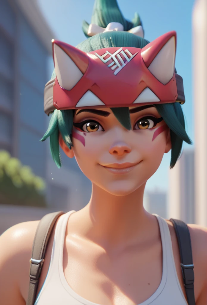 score_9,score_8_up,score_7_up,score_6_up ,source_overwatch score_9, score_8_up, score_7_up, 1girl, solo, kiriko \(overwatch\), portrait, upper body, smile, looking at viewer, depth of field, outdoors,city, tank top