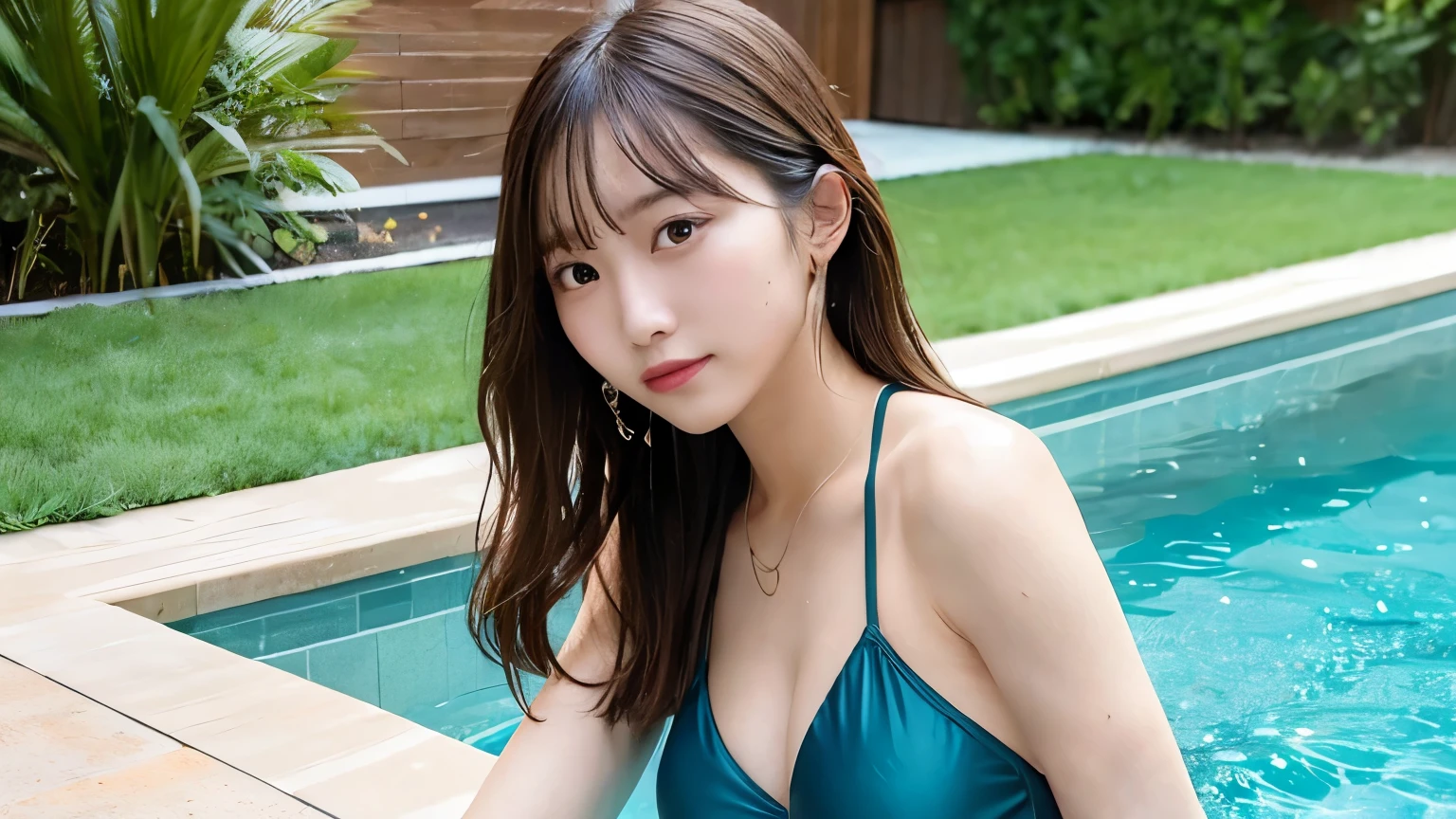 masterpiece, Highest quality, One girl, Swimsuit, Coming out of the water, Wet Hair, Provocative look, Water Drop, Poolside, Attention to detail